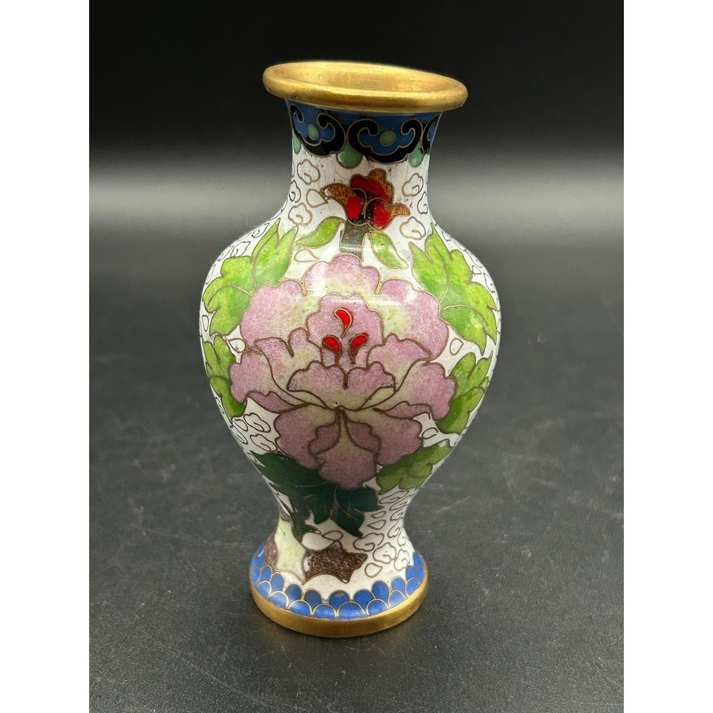 Vintage Chinese Cloisonné Miniature Floral Bud Vase White Pink Peony Brass 4"